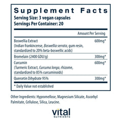 Vital Nutrients BCQ ingredients closeup highlights boswellia, curcumin, and bromelain potency.