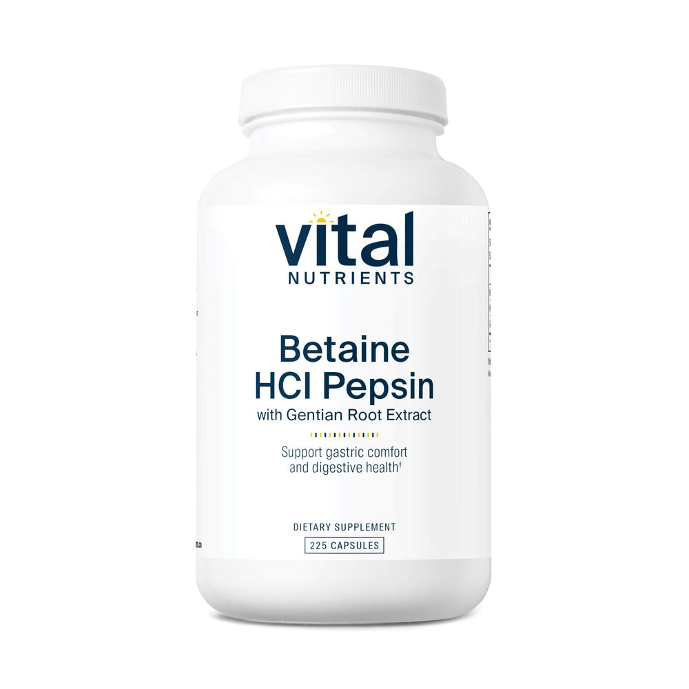 Vital Nutrients Betaine HCl Pepsin bottle front with label highlighting protein digestion support.