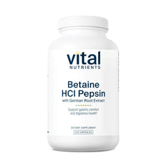 Vital Nutrients Betaine HCl Pepsin bottle front with label highlighting protein digestion support.