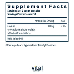 Vital Nutrients bottle back with per-pack details for easy daily calcium intake