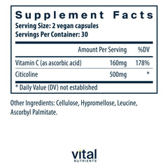 Vital Nutrients Citicoline capsules close-up highlighting vegetarian formula for focus.