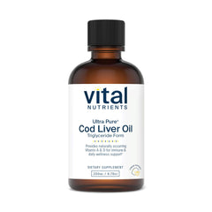 Vital Nutrients cod liver oil 1025 bottle on a clean counter highlighting omega-3 benefits