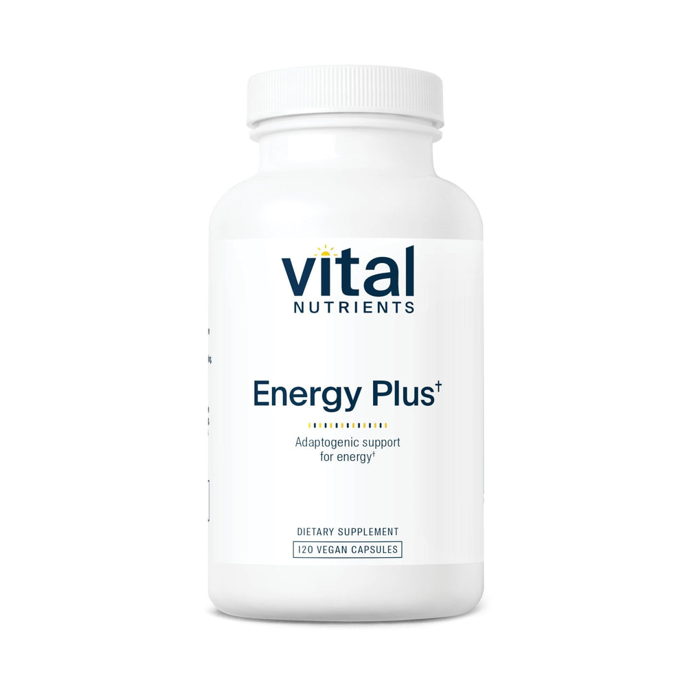 Vital Nutrients Energy Plus bottle close-up showing non-stimulant energy support for focus