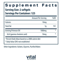 Vital Nutrients Evening Primrose Oil softgels close-up for skin and PMS comfort.