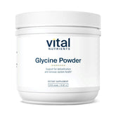 Vital Nutrients Glycine Powder bottle highlighting vegan formula for restful evenings.