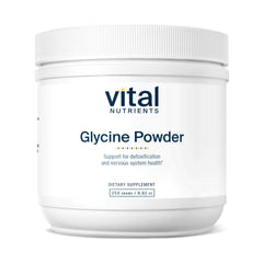 Vital Nutrients Glycine Powder bottle highlighting vegan formula for restful evenings.