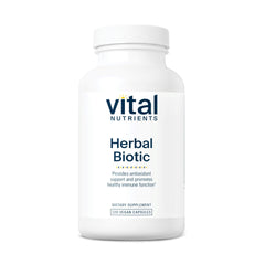 Vital Nutrients Herbal Biotic bottle label highlighting vegan immune support formula.