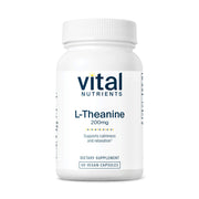 Vital Nutrients L-Theanine 200mg bottle showing premium vegan supplement for stress support.
