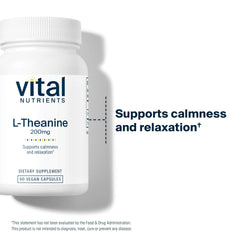 Vital Nutrients L-Theanine label highlights vegan, gluten-free, and allergen-free formula.