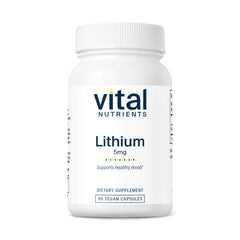 Vital Nutrients Lithium Orotate bottle label shows vegan, allergen-free promise for balanced mood.