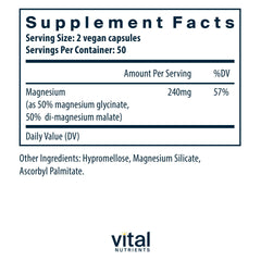 Vital Nutrients magnesium capsules closeup showing easy-to-swallow vegan capsules for gentler digestion