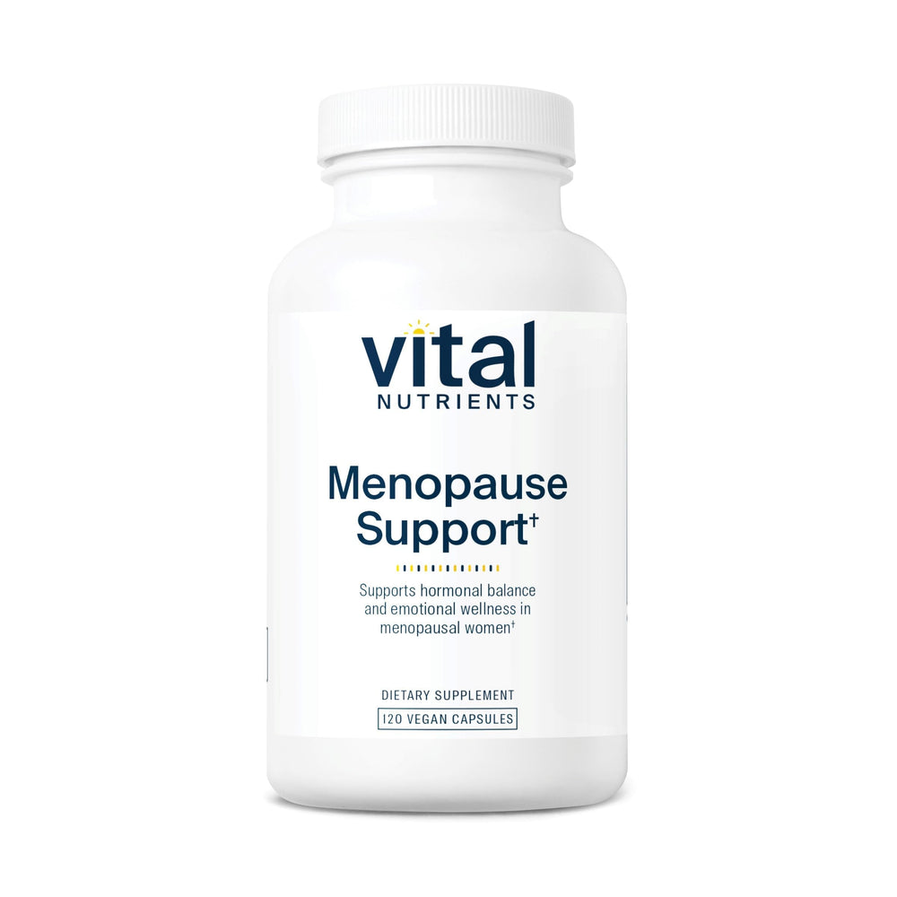 Vital Nutrients Menopause Support bottle pour, highlighting easy-to-take daily capsules.