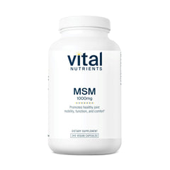 Vital Nutrients MSM 1000 mg bottle front highlights odorless organic sulfur for joint comfort support