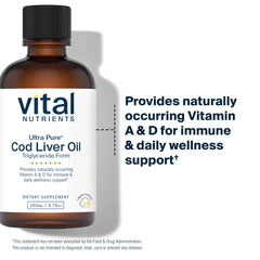 Close-up of Vital Nutrients Norwegian cod liver oil label indicating pharmaceutical grade purity