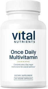 Vital Nutrients Once Daily multivitamin bottle front showing vegan allergen-free daily support