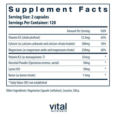 Vital Nutrients Osteo-Nutrients II bottle back with nutrient details for informed choice.