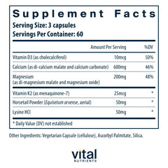 Vital Nutrients Osteo-Nutrients display shows K2-7 and D3 for calcium utilization
