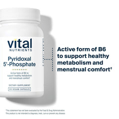 Vital Nutrients P5P label detail reveals ingredients and allergen-free promise.
