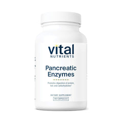 Vital Nutrients Pancreatic Enzymes bottle on table for digestion support