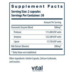 Vital Nutrients capsules close up showing full strength enzymes for digestion