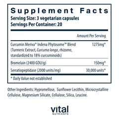 Vital Nutrients Phyto-Curcumin Plus Enzymes label closeup highlighting phytosome extract for better absorption.