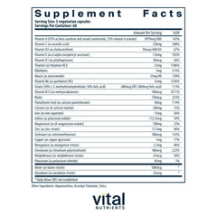 Vital Nutrients PreNatal bottle label highlights Metafolin L-5-MTHF folate form.