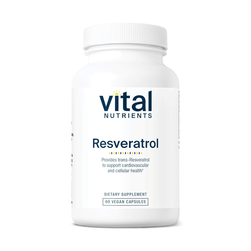 Vital Nutrients Resveratrol bottle front for convenient antioxidant support.