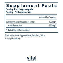 Vital Nutrients Resveratrol capsules close-up showing pill form for daily use.