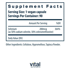 Vital Nutrients Selenium capsules close-up showing 200 mcg potency.