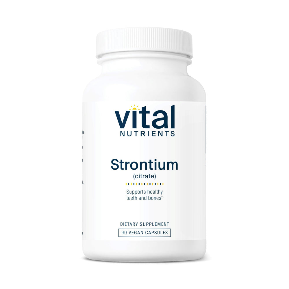 Vital Nutrients Strontium Citrate bottle highlighting 227 mg for bone support.