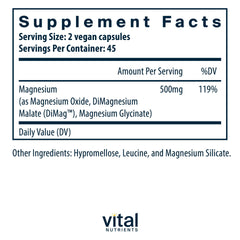 Vital Nutrients capsules close-up shows vegan magnesium glycinate, malate, oxide blend.