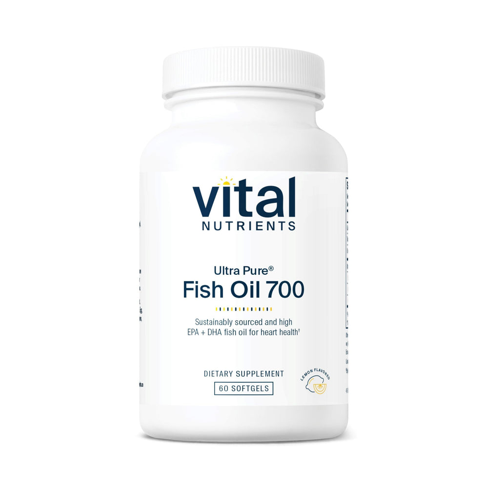 Vital Nutrients Ultra Pure Fish Oil 700 bottle with lemon flavor for heart and brain support.