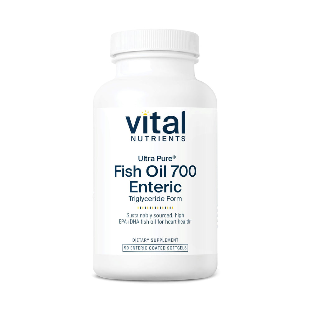 Vital Nutrients Ultra Pure Fish Oil 700 enteric bottle with clear label highlighting EPA and DHA benefits