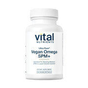 Vital Nutrients Ultra Pure Vegan Omega SPM+ bottle showing burpless mini softgels for easy swallowing.