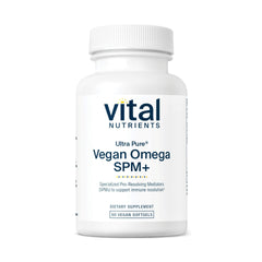 Vital Nutrients Ultra Pure Vegan Omega SPM+ bottle showing burpless mini softgels for easy swallowing.