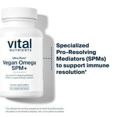 Vital Nutrients Ultra Pure Vegan Omega SPM+ label highlights gluten-free and Non-GMO formula.