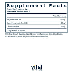 Vital Brain Powder lemon bottle front highlights vegan formula and ingredient integrity