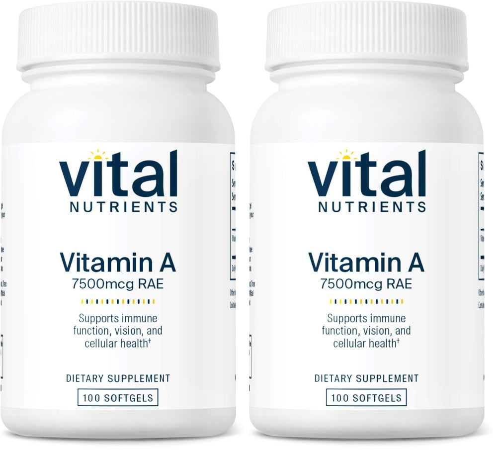 Vital Nutrients Vitamin A 7500mcg bottle highlights high-dose formula for vision support