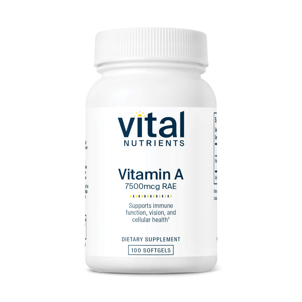 Vital Nutrients Vitamin A 7500mcg bottle promotes eye health and immune support.