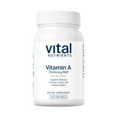 Vital Nutrients Vitamin A 7500mcg bottle promotes eye health and immune support.