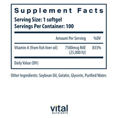 Vital Nutrients Vitamin A 7500mcg capsules support skin and mucous membranes.