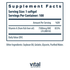 Vital Nutrients Vitamin A 7500mcg capsules shown per-pack