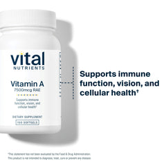 Vital Nutrients Vitamin A 7500mcg label shows non-GMO, gluten-free formulation.