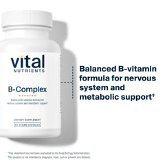 Vital Nutrients Vitamin B-Complex capsules close-up shows easy-to-swallow vegan capsules for daily metabolism