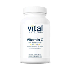 Vital Nutrients Vitamin C with Bioflavonoids bottle cap highlights easy dosing and purity.