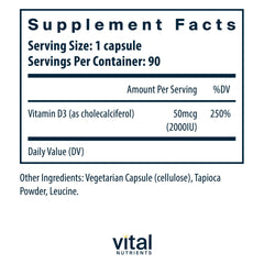 Vital Nutrients Vitamin D3 2000 IU capsule close-up showing cholecalciferol.