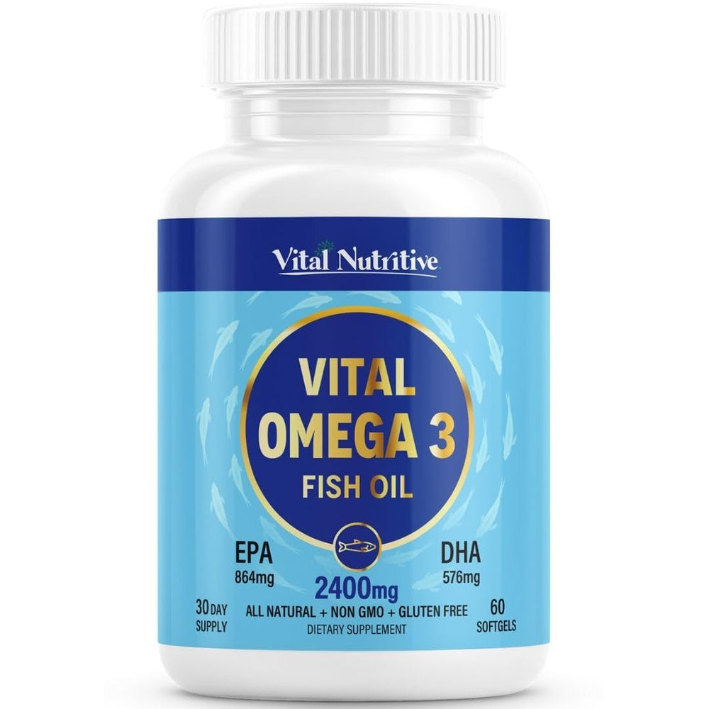 Vital Nutritive Vital Omega-3 bottle front shows lemon flavor for daily heart and brain support.