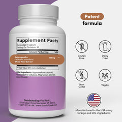 Vital Peak Ashwagandha bottle front showing clean vegan, gluten-free labeling.
