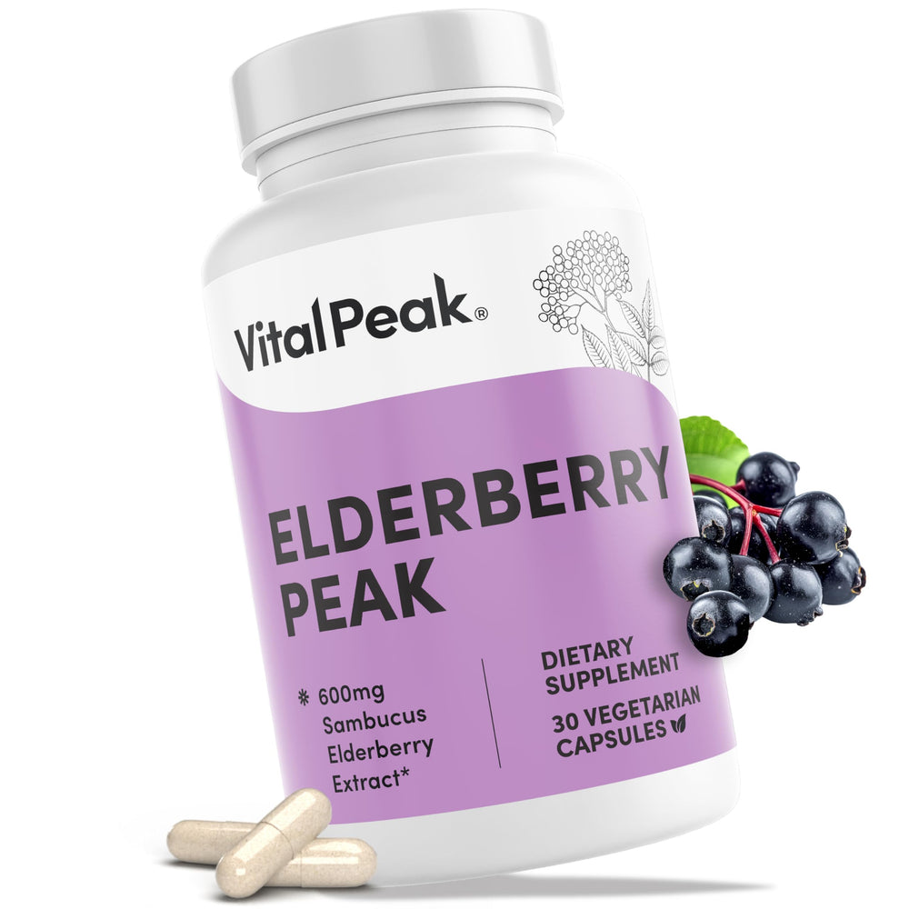 Vital Peak Elderberry Peak 600 mg bottle shows premium immune-support formula in a compact container