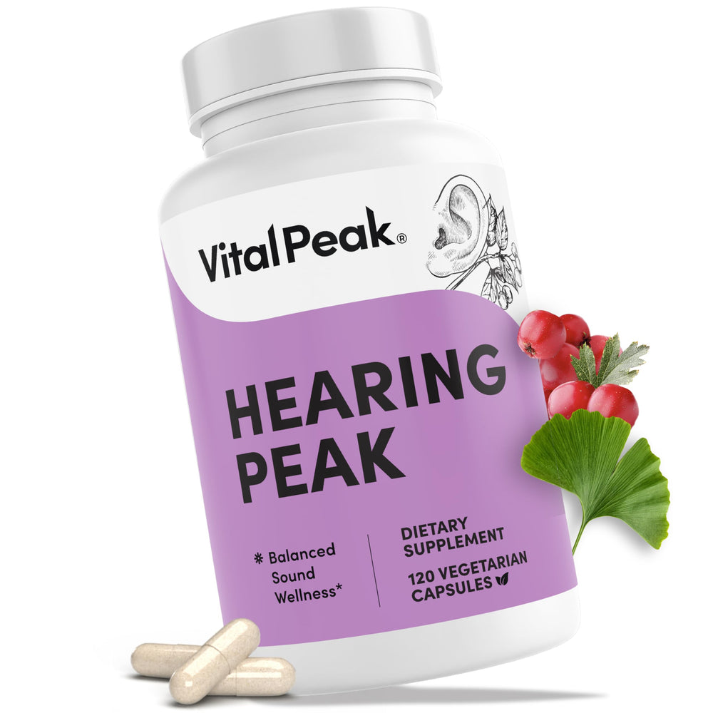 Vital Peak Hearing Peak bottle demonstrates daily ear health support in capsule form